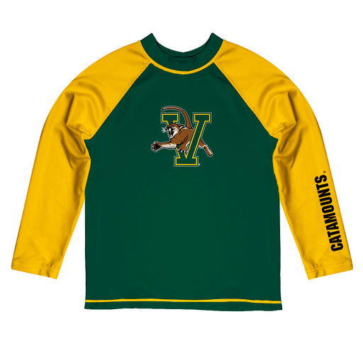 Vermont Catamounts Vive La Fete Logo Green Gold Long Sleeve Raglan Rashguard