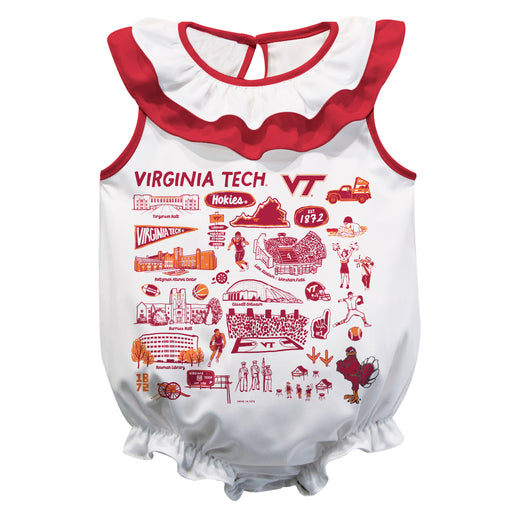 Virginia Tech Hokies VT   White Hand Sketched Vive La Fete Impressions Artwork Sleeveless Ruffle Onesie Bodysuit