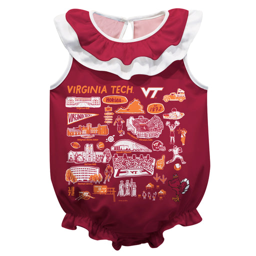 Virginia Tech Hokies VT Maroon Hand Sketched Vive La Fete Impressions Artwork Sleeveless Ruffle Onesie Bodysuit