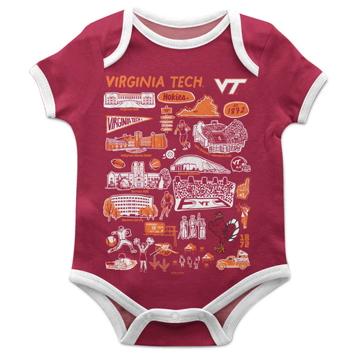 Virginia Tech Hokies VT  Hand Sketched Vive La Fete Impressions Artwork Infant Maroon Short Sleeve Onesie Bodysuit