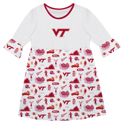 Virginia Tech Hokies VT  3/4 Sleeve Solid White Repeat Print Hand Sketched Vive La Fete Impressions Artwork on Skirt