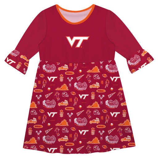 Virginia Tech Hokies VT  3/4 Sleeve Solid Red Repeat Print Hand Sketched Vive La Fete Impressions Artwork on Skirt