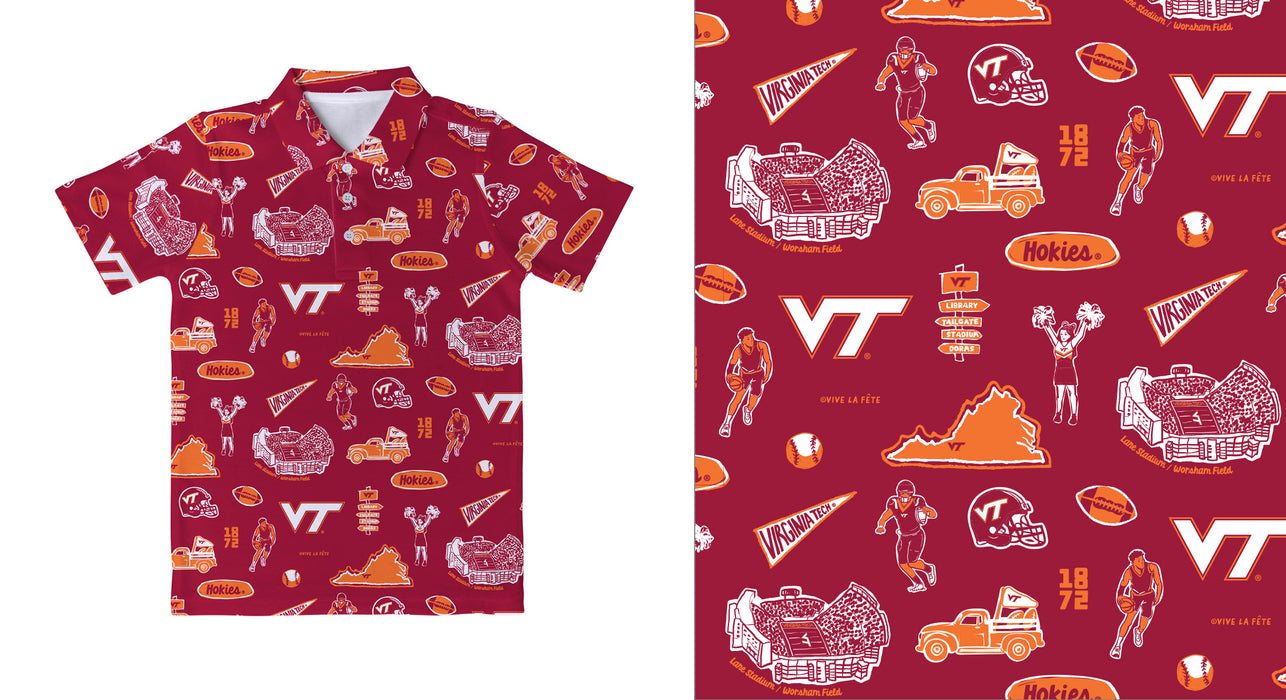 Virginia Tech Hokies VT Repeat Print Hand Sketched Vive La Fete Impressions Artwork Boys Maroon Short Sleeve Polo Shirt - Vive La Fête - Online Apparel Store