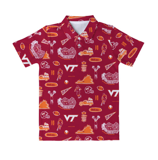 Virginia Tech Hokies VT Repeat Print Hand Sketched Vive La Fete Impressions Artwork Boys Maroon Short Sleeve Polo Shirt