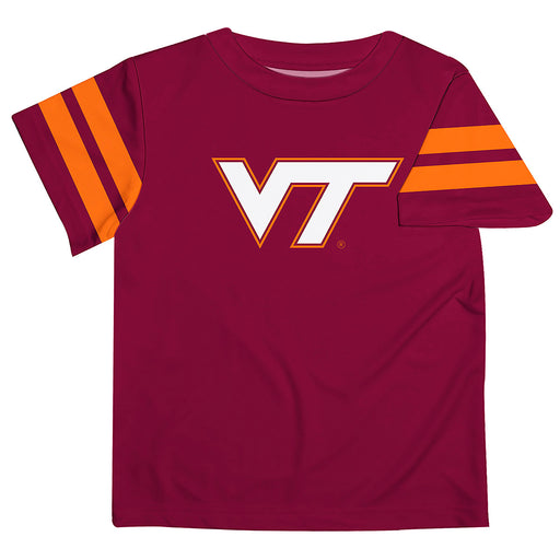 Virginia Tech Hokies Vive La Fete Boys Game Day Maroon Short Sleeve Tee with Stripes on Sleeves