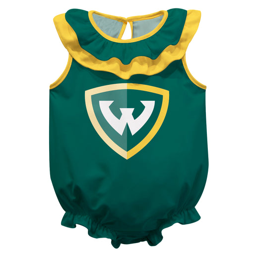 Wayne State University Warriors Green Sleeveless Ruffle Onesie Logo Bodysuit by Vive La Fete