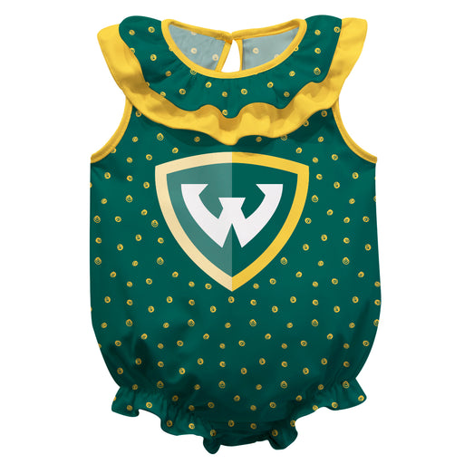 Wayne State Warriors Swirls Green Sleeveless Ruffle Onesie Logo Bodysuit
