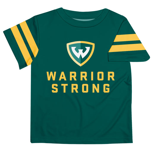 Wayne State Warriors Vive La Fete Boys Game Day Green Short Sleeve Tee with Stripes on Sleeves