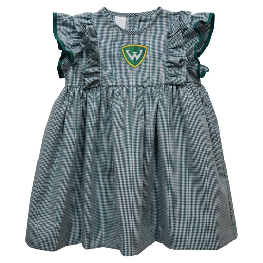 Wayne State University Warriors Embroidered Hunter Green Gingham Ruffle Dress