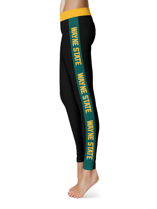 Wayne State University Warriors Vive La Fete Game Day Collegiate Green Stripes Women Black Yoga Leggings 2 Waist Tights - Vive La Fête - Online Apparel Store