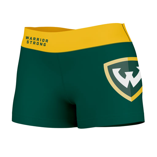 Wayne State Warriors Vive La Fete Logo on Thigh & Waistband Green Gold Women Yoga Booty Workout Shorts 3.75 Inseam