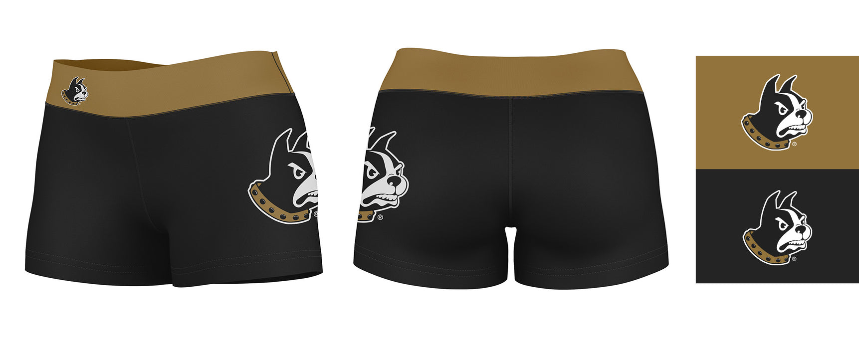 Wofford Terriers Vive La Fete Logo on Thigh & Waistband Black & Gold Women Yoga Booty Workout Shorts 3.75 Inseam" - Vive La Fête - Online Apparel Store