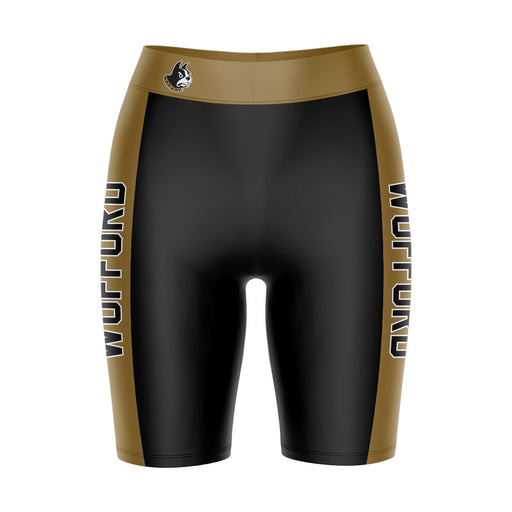 Wofford Terriers Vive La Fete Game Day Logo on Waistband and Gold Stripes Black Women Bike Short 9 Inseam