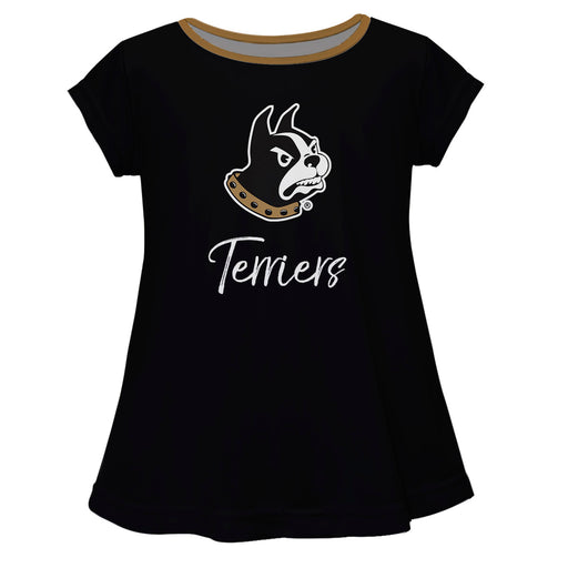 Wofford Terriers Vive La Fete Girls Game Day Short Sleeve Black Top with School Logo and Name