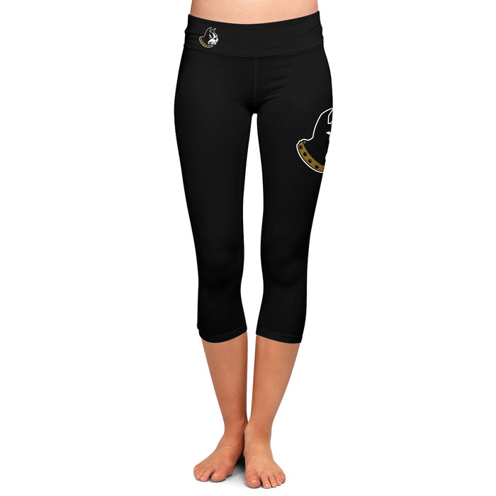 Wofford Terriers Vive La Fete Game Day Collegiate Large Logo on Thigh and Waist Women Black Capri Leggings