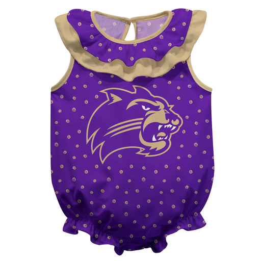 WCU Catamounts Swirls Purple Sleeveless Ruffle Onesie Logo Bodysuit
