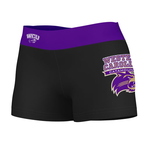 WCU Catamounts Vive La Fete Logo on Thigh and Waistband Black & Purple Women Yoga Booty Workout Shorts 3.75 Inseam"