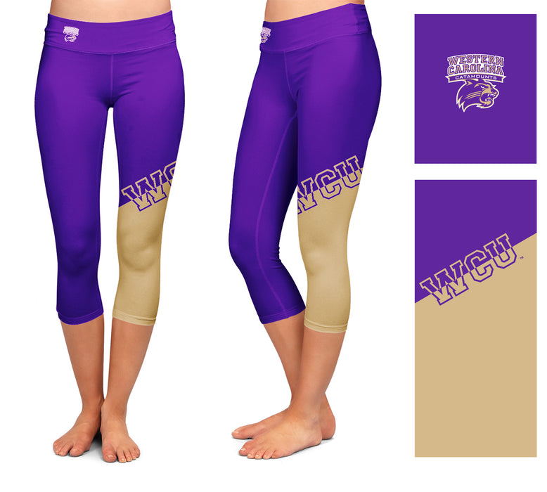WCU Catamounts Vive La Fete Game Day Collegiate Leg Color Block Girls Purple Gold Capri Leggings - Vive La Fête - Online Apparel Store