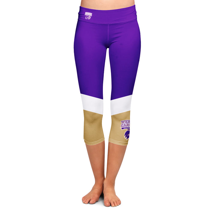WCU Catamounts Vive La Fete Game Day Collegiate Ankle Color Block Women Purple Gold Capri Leggings