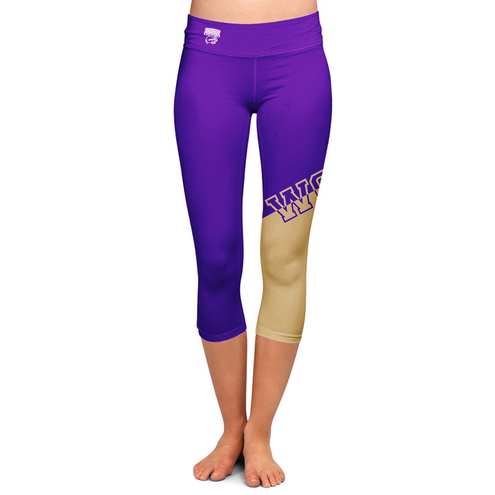 WCU Catamounts Vive La Fete Game Day Collegiate Leg Color Block Women Purple Gold Capri Leggings