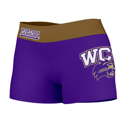 WCU Catamounts Vive La Fete Logo on Thigh & Waistband Purple Gold Women Yoga Booty Workout Shorts 3.75 Inseam