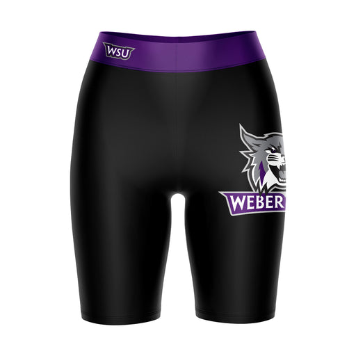 Weber State Wildcats WSU Vive La Fete Game Day Logo on Thigh and Waistband Black and Purple Women Bike Short 9 Inseam