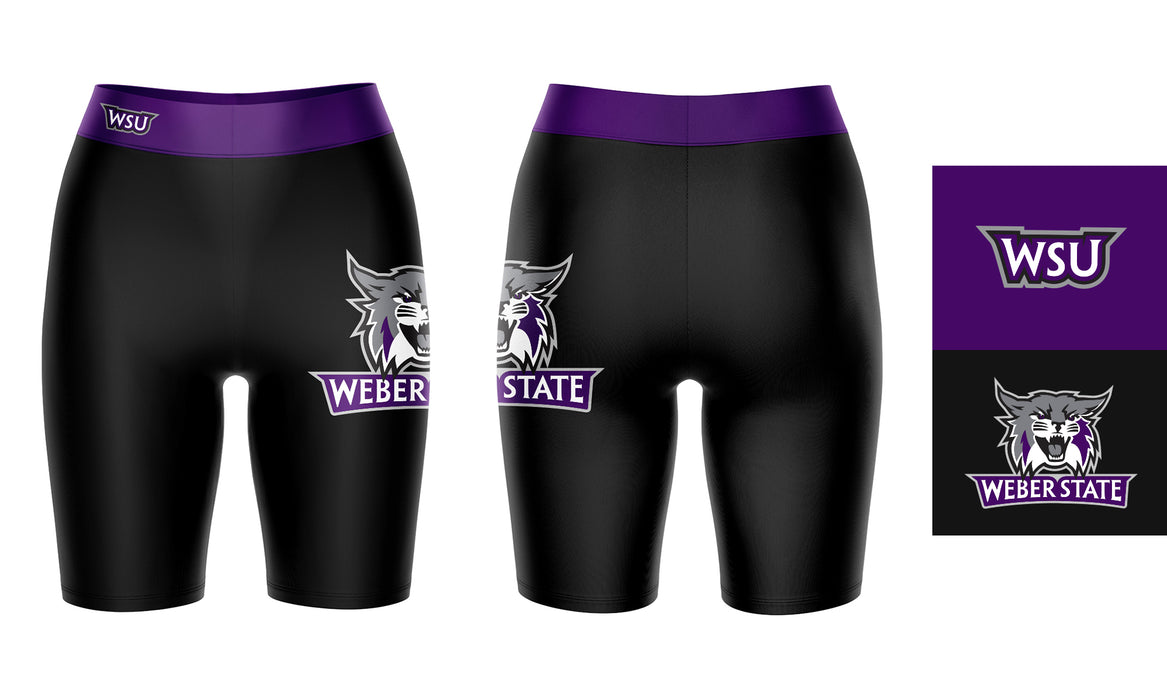 Weber State Wildcats WSU Vive La Fete Game Day Logo on Thigh and Waistband Black and Purple Women Bike Short 9 Inseam - Vive La Fête - Online Apparel Store
