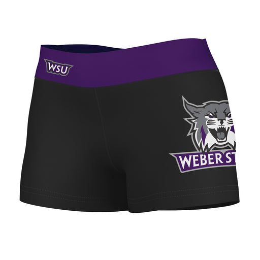 Weber State Wildcats WSU Vive La Fete Logo on Thigh & Waistband Black Purple Women Yoga Booty Workout Shorts 3.75 Inseam