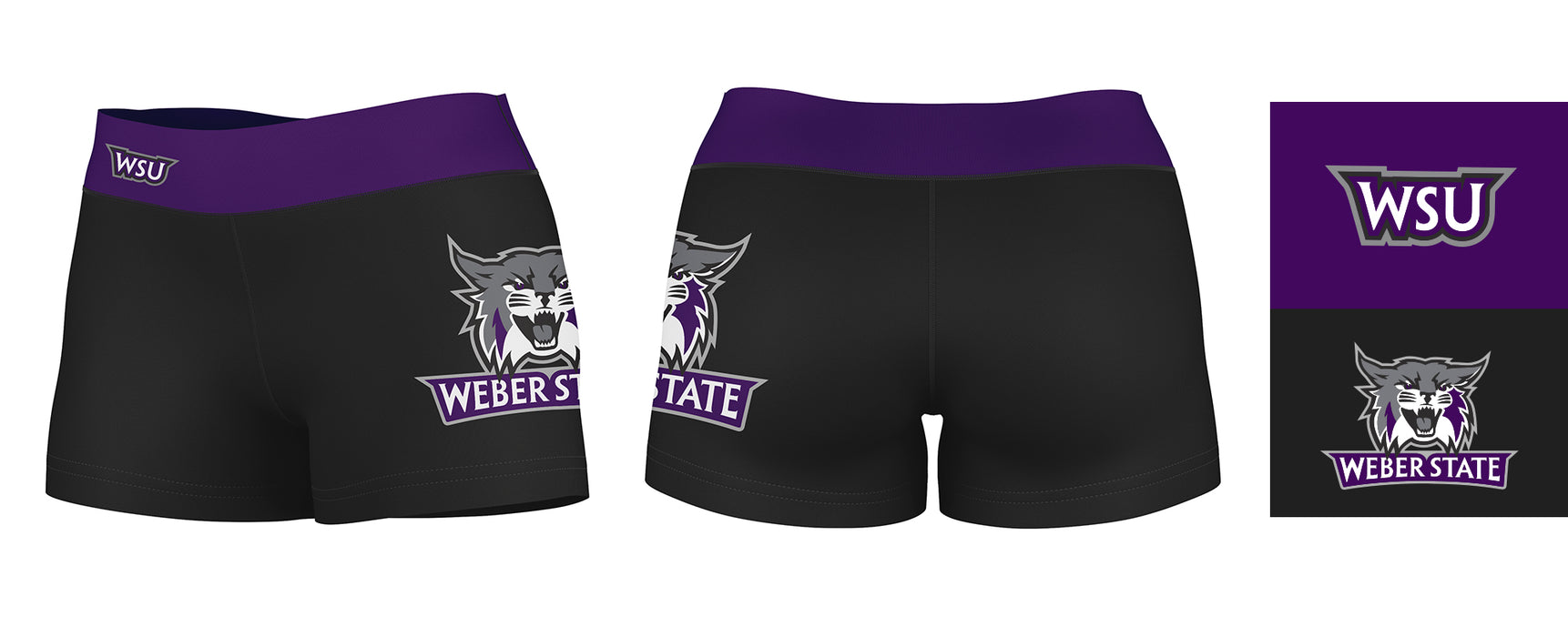 Weber State Wildcats WSU Vive La Fete Logo on Thigh & Waistband Black Purple Women Yoga Booty Workout Shorts 3.75 Inseam - Vive La Fête - Online Apparel Store