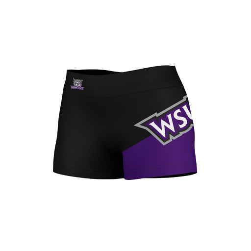 Weber State Wildcats WSU Vive La Fete Game Day Collegiate Leg Color Block Women Black Purple Optimum Yoga Short - Vive La Fête - Online Apparel Store