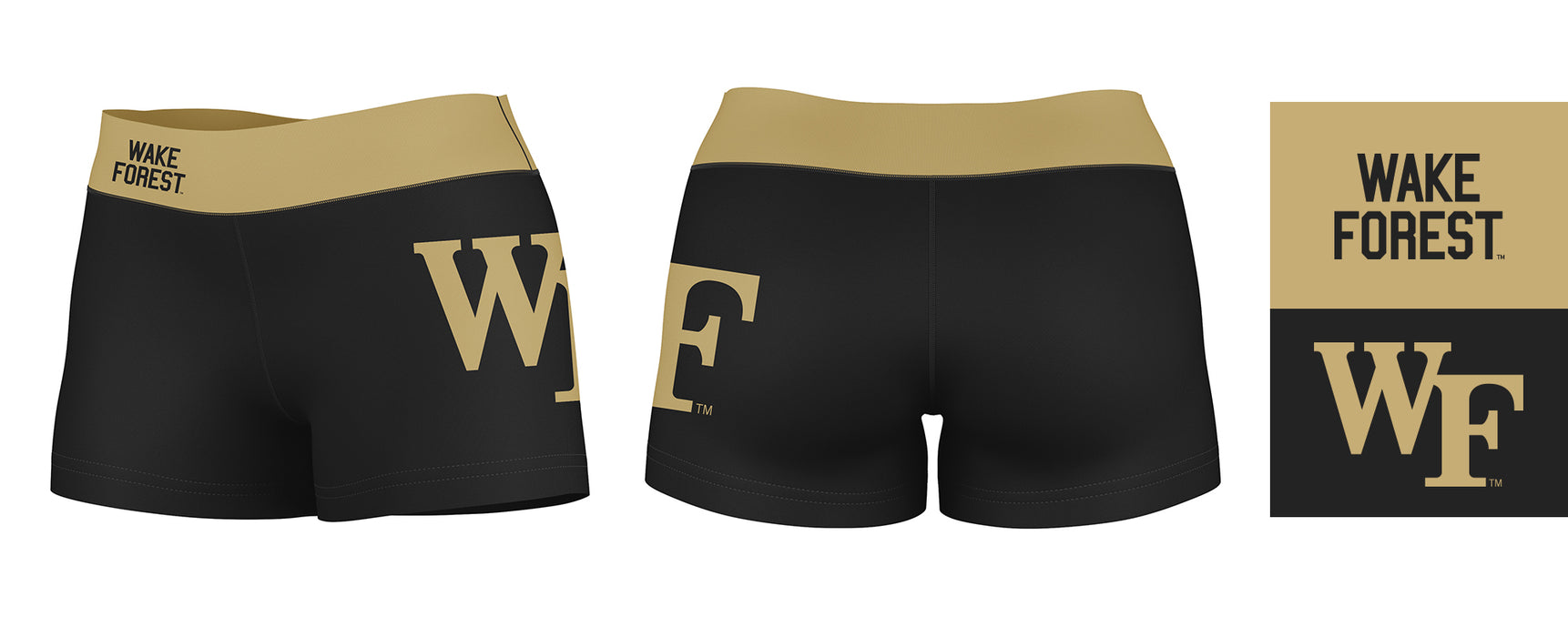 WF Demon Deacons Vive La Fete Logo on Thigh & Waistband Black & Gold Women Yoga Booty Workout Shorts 3.75 Inseam - Vive La Fête - Online Apparel Store