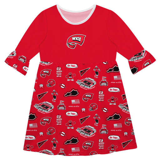 Western Kentucky Hilltoppers 3/4 Sleeve Solid Red Repeat Print Hand Sketched Vive La Fete Impressions Artwork on Skirt