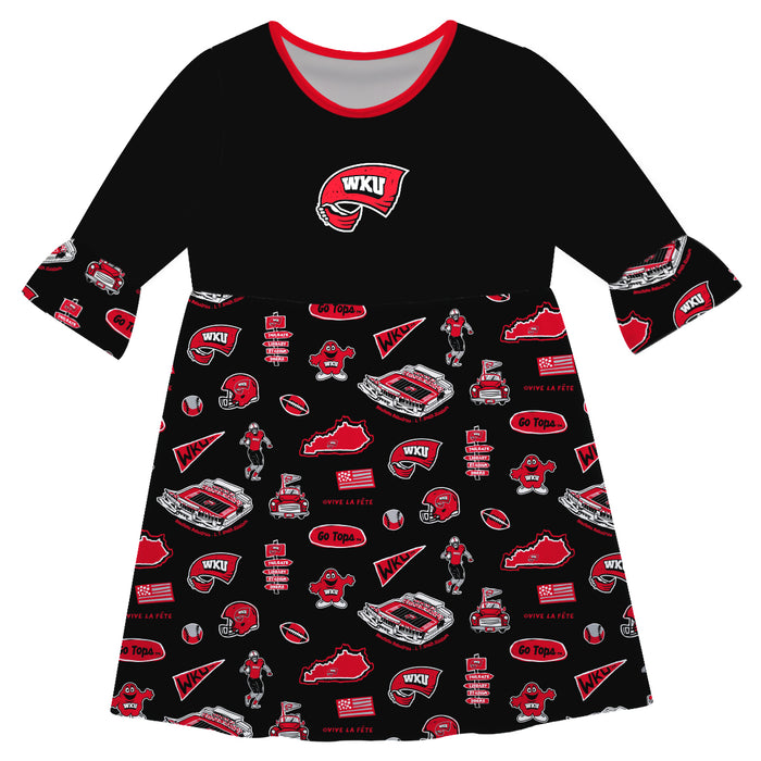 Western Kentucky Hilltoppers 3/4 Sleeve Solid Black Repeat Print Hand Sketched Vive La Fete Impressions Artwork on Skirt