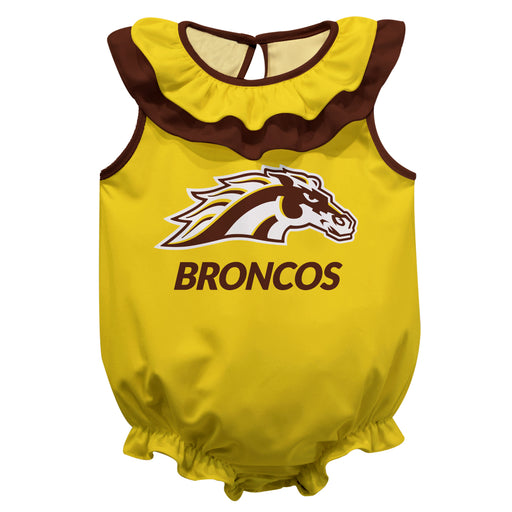 WMICH Broncos Gold Sleeveless Ruffle Onesie Logo Bodysuit by Vive La Fete
