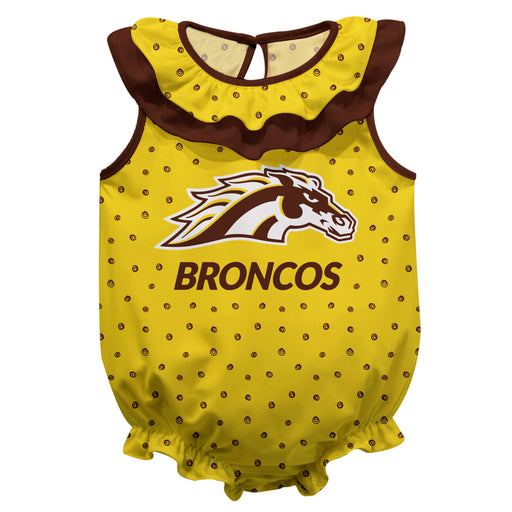 WMICH Broncos Girls Game Day All Over PrintGold and Brown Sleeveless Ruffle Onesie Mascot Bodysuit by Vive La Fete