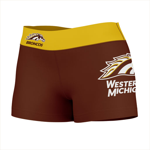 WMICH Broncos Vive La Fete Logo on Thigh and Waistband Black and Brown Women Yoga Booty Workout Shorts 3.75 Inseam"