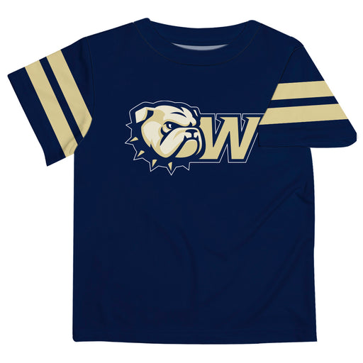 Wingate University Bulldogs Vive La Fete Boys Game Day Navy Short Sleeve Tee with Stripes on Sleeves