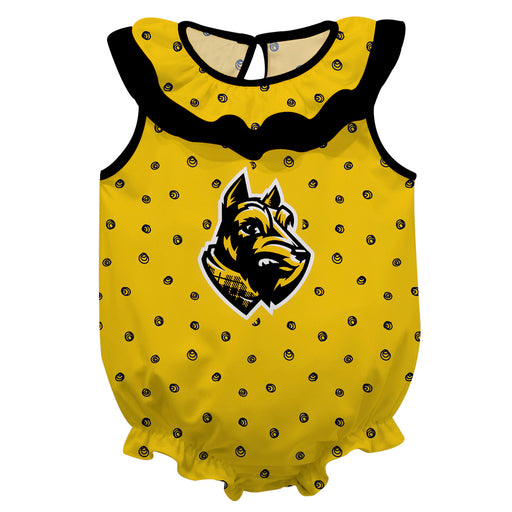 College of Wooster Fighting Scots Swirls Yellow Sleeveless Ruffle Onesie Logo Bodysuit