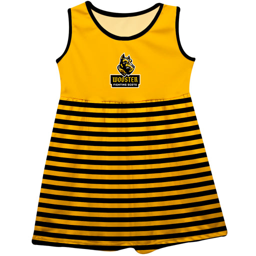College of Wooster Fighting Scots Vive La Fete Girls Game Day Sleeveless Tank Dress Solid Yellow Logo Stripes on Skirt