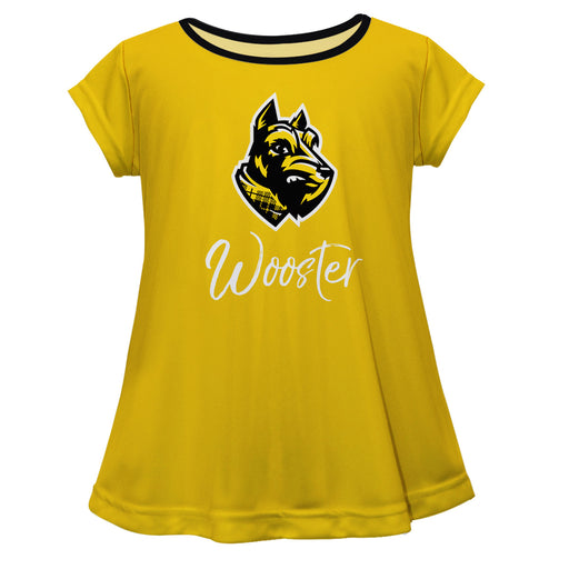 College of Wooster Fighting Scots Vive La Fete Girls Game Day Short Sleeve Yellow Top with School Logo and Name