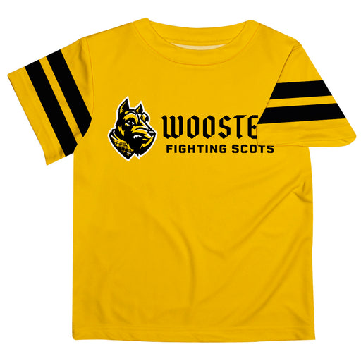 College of Wooster Fighting Scots Vive La Fete Boys Game Day Yellow Short Sleeve Tee with Stripes on Sleeves