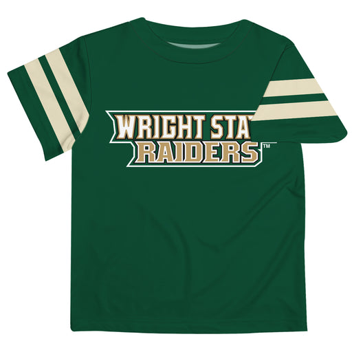Wright State Raiders Vive La Fete Boys Game Day Green Short Sleeve Tee with Stripes on Sleeves