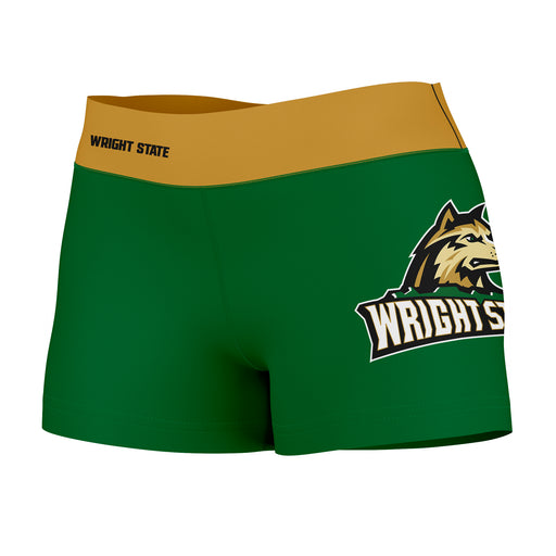 Wright State Raiders Vive La Fete Logo on Thigh & Waistband Green Gold Women Yoga Booty Workout Shorts 3.75 Inseam