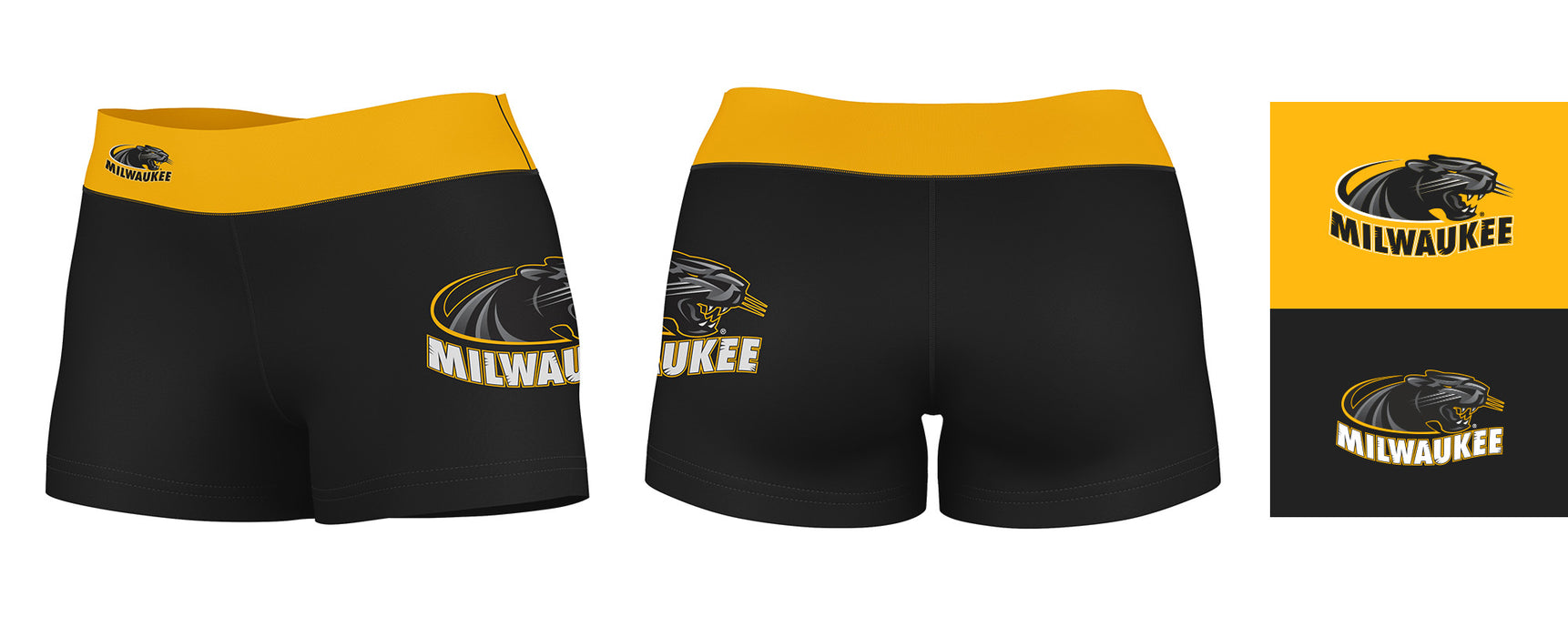 Milwaukee Panthers Vive La Fete Logo on Thigh & Waistband Black & Gold Women Yoga Booty Workout Shorts 3.75 Inseam" - Vive La Fête - Online Apparel Store