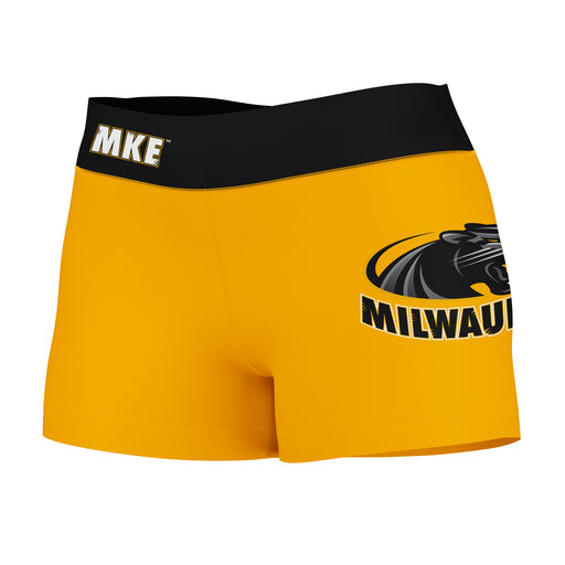 Milwaukee Panthers Vive La Fete Logo on Thigh & Waistband Gold Black Women Yoga Booty Workout Shorts 3.75 Inseam