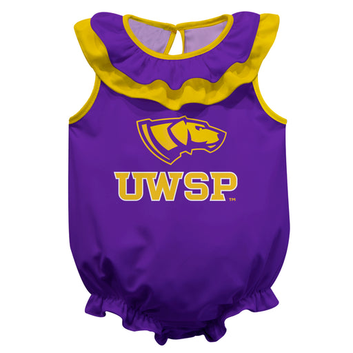 UWSP University of Wisconsin Stevens Point Pointers Purple Sleeveless Ruffle Onesie Logo Bodysuit by Vive La Fete