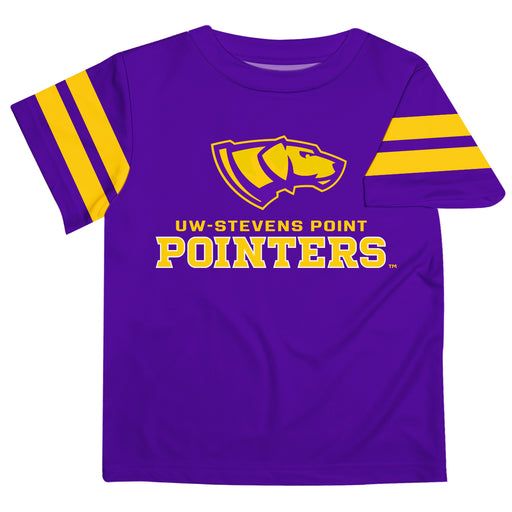 UW-Stevens Point Pointers UWSP Vive La Fete Boys Game Day Purple Short Sleeve Tee with Stripes on Sleeves