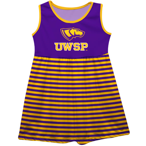 UWSP Wisconsin Stevens Point Pointers Purple and Gold Sleeveless Tank Dress with Stripes on Skirt by Vive La Fete