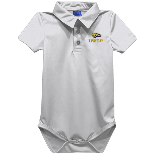 UWSP University of Wisconsin Stevens Point Pointers Embroidered White Solid Knit Polo Onesie