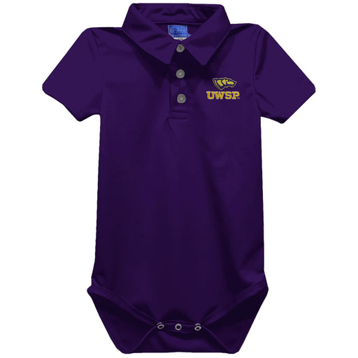 UWSP University of Wisconsin Stevens Point Pointers Embroidered Purple Solid Knit Polo Onesie